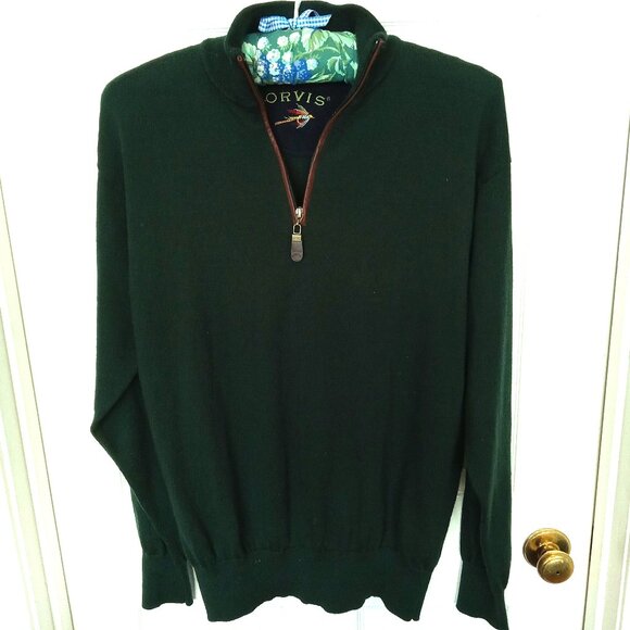 Orvis 100% MERINO WOOL Forest Green 1/4-Zip Sweater w/Leather Zipper Trim - Picture 3 of 7
